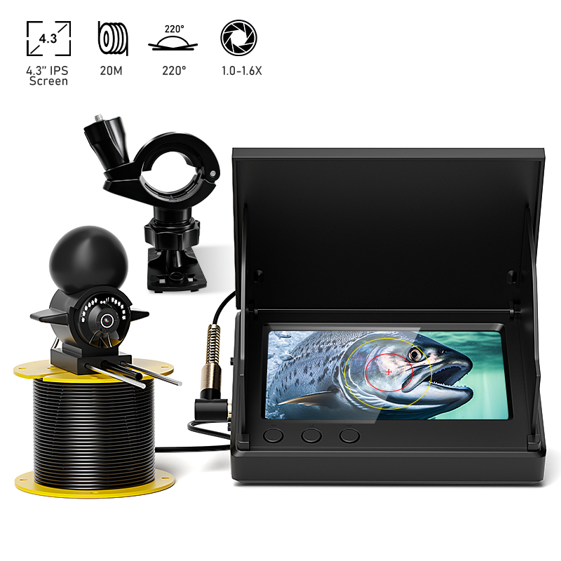 Underwater Fishing Camera - 4.3インチLCDポータブル魚群探知機、20m水中カメラ、水深220メートル対応 ° 夜間視界付きの湖氷魚観察用視野角調整機能